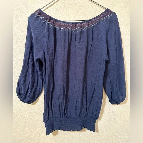 EDGE Embroidered Navy Off The Shoulder Peasant Blouse Top - Picture 2 of 6